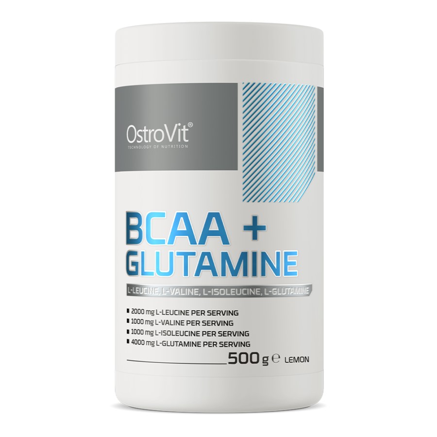 OstroVit BCAA + Glutamine 500g lemon-flavour amino acid supplement with L-leucine, L-valine, L-isoleucine, and L-glutamine, white container with blue and grey accents.