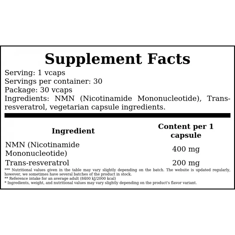 Supplement facts panel for Hiro Lab NMN NAD+ Booster + Resveratrol, showing ingredients and dosage details