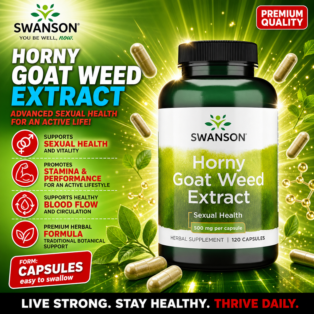 Swanson Horny Goat Weed Extract 500mg per capsule, a herbal supplement for sexual health and vitality, in a green bottle with 120 capsules.