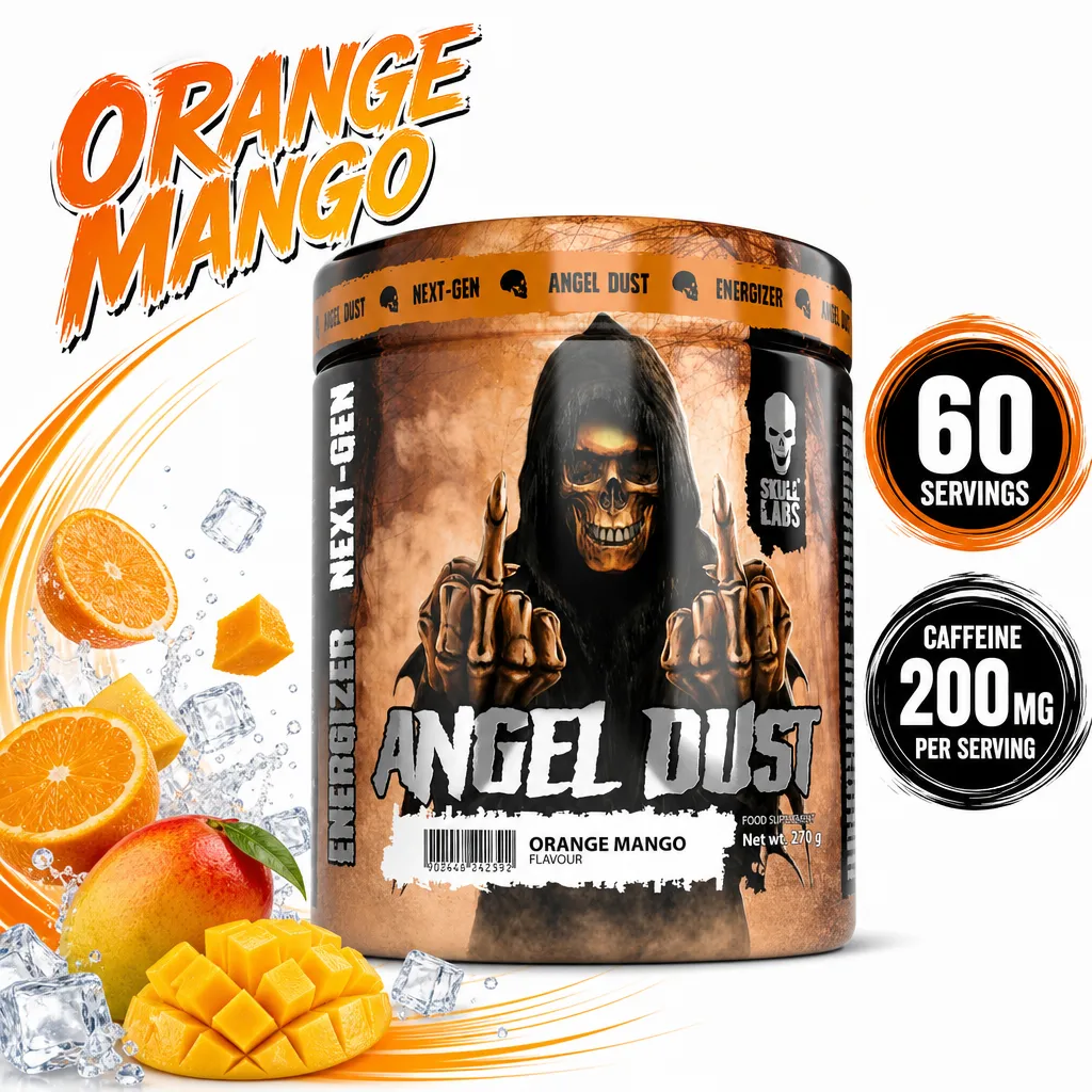 Skull Labs Angel Dust 270g orange mango pre-workout powder supplement with 60 servings and 200mg caffeine per serving