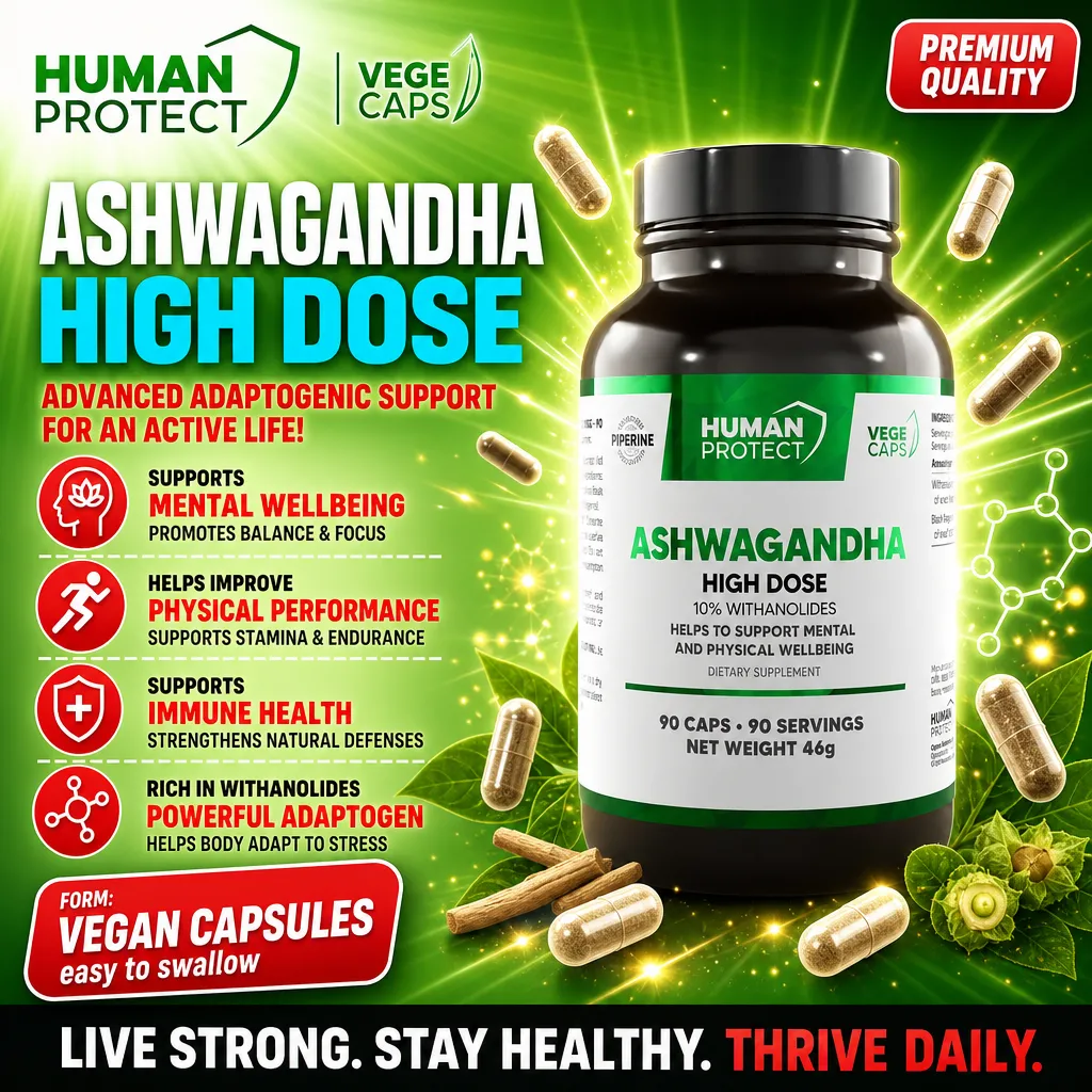 Human Protect Ashwagandha High Dose vegan capsules, 90-count bottle, adaptogenic supplement with 10% withanolides for mental and physical wellbeing, green and white label.