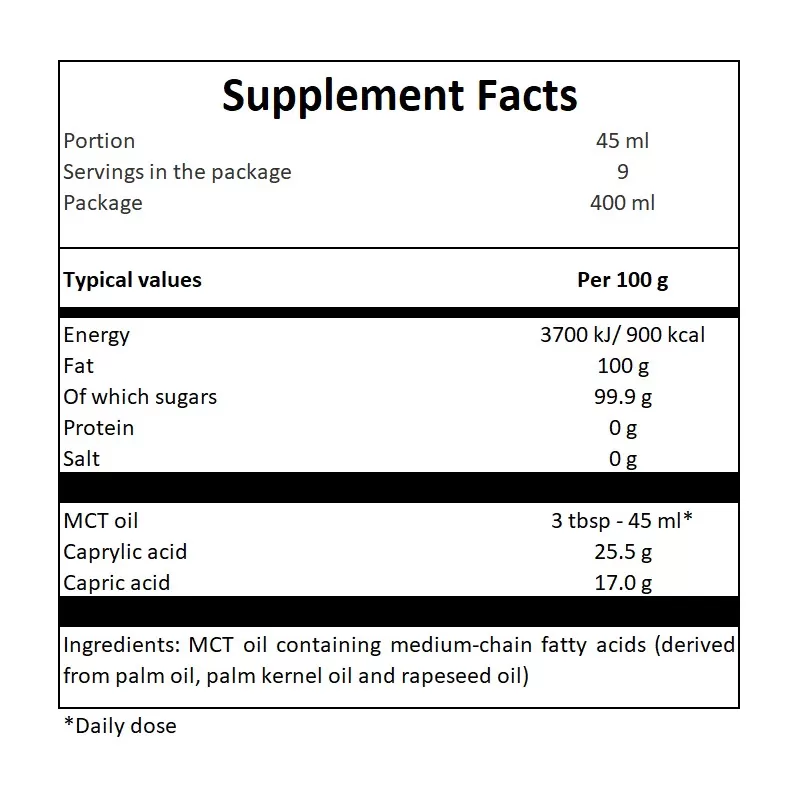Close-up of Hiro Lab Pure C8 MCT Oil 400ml bottle label, highlighting 100% coconut oil and C8 MCT content.