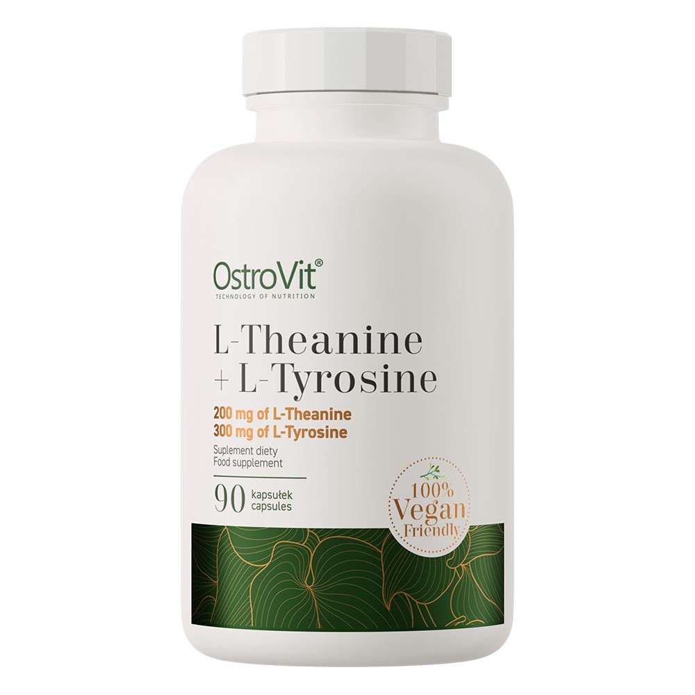 OstroVit L-Theanine + L-Tyrosine 90 capsules, vegan-friendly dietary supplement containing 200 mg of L-Theanine and 300 mg of L-Tyrosine per serving, in a white bottle with green and gold accents.