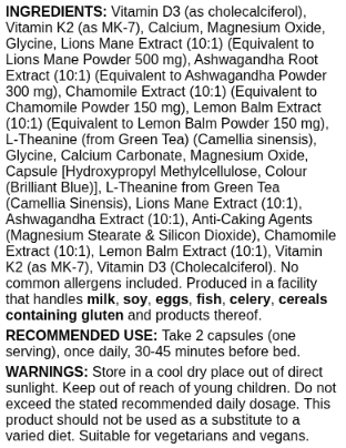 Applied Nutrition Solutions Sleep Support 60 Caps packaging, showing supplement facts and ingredient list on the label