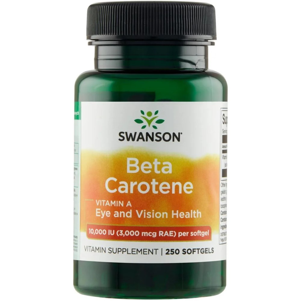 Swanson Beta Carotene Vitamin A supplement, 10000 IU per softgel, 250 softgels bottle, supports eye and vision health, green bottle with orange label.