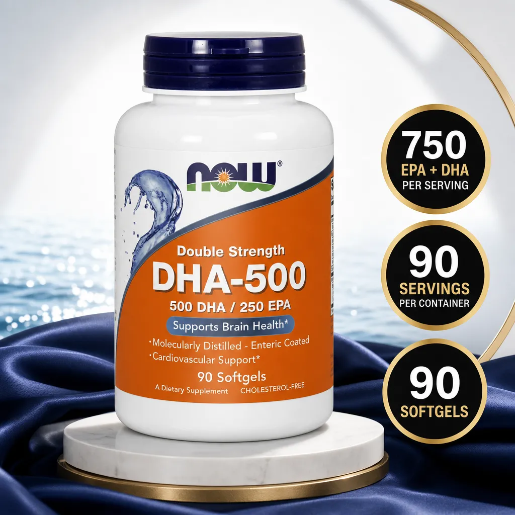 NOW Foods DHA-500 omega-3 fish oil supplement with 500 mg DHA, 250 mg EPA, and 90 enteric-coated softgels