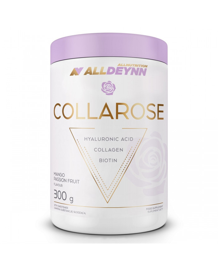 ALLDEYNN Collarose 300g mango passion fruit flavour collagen supplement with hyaluronic acid and biotin, in a white and lavender tub.