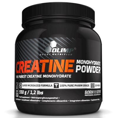 Olimp Creatine Monohydrate Powder 550g, a super micronized creatine supplement in a black container, designed for sports nutrition and muscle support.