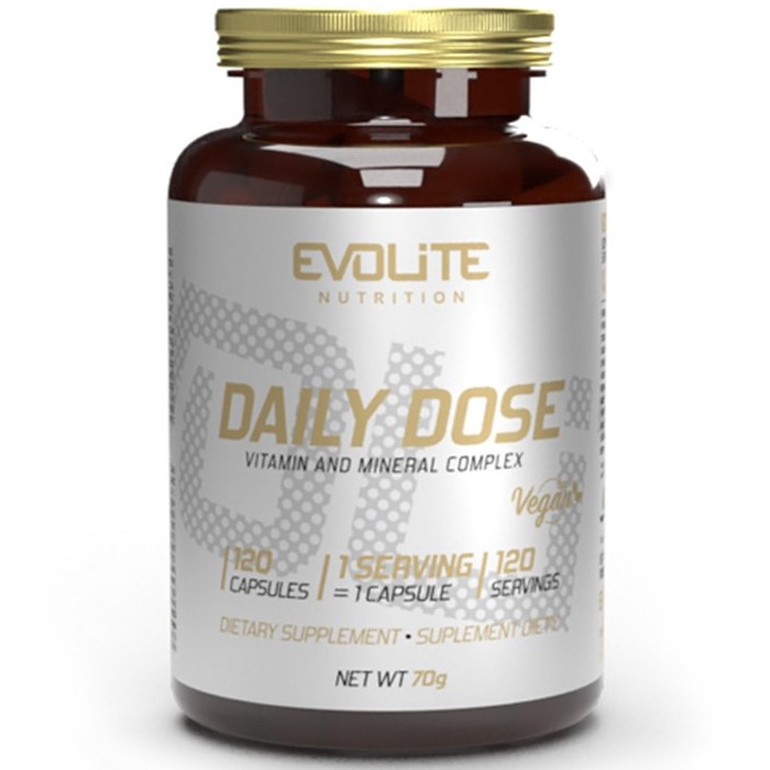 Evolite Daily Dose vitamin and mineral complex, 120 vegan capsules, dietary supplement in a brown bottle with gold cap and white label.