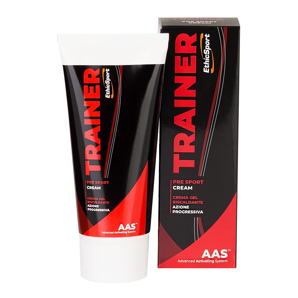 EthicSport Trainer Pre Sport Cream 100ml tube with branded label, white and orange design, for muscle warm-up
