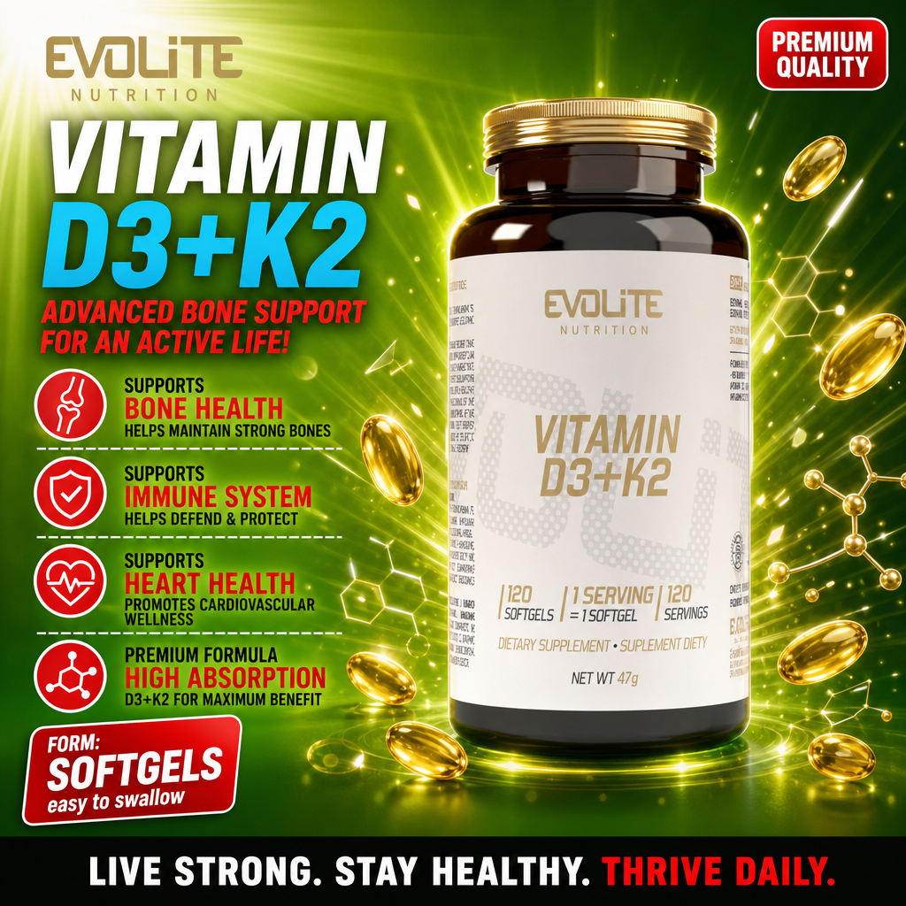 Evolite Vitamin D3+K2 120 softgels dietary supplement for bone, immune, and heart health, high absorption formula, shown in a dark bottle with gold cap and green background.