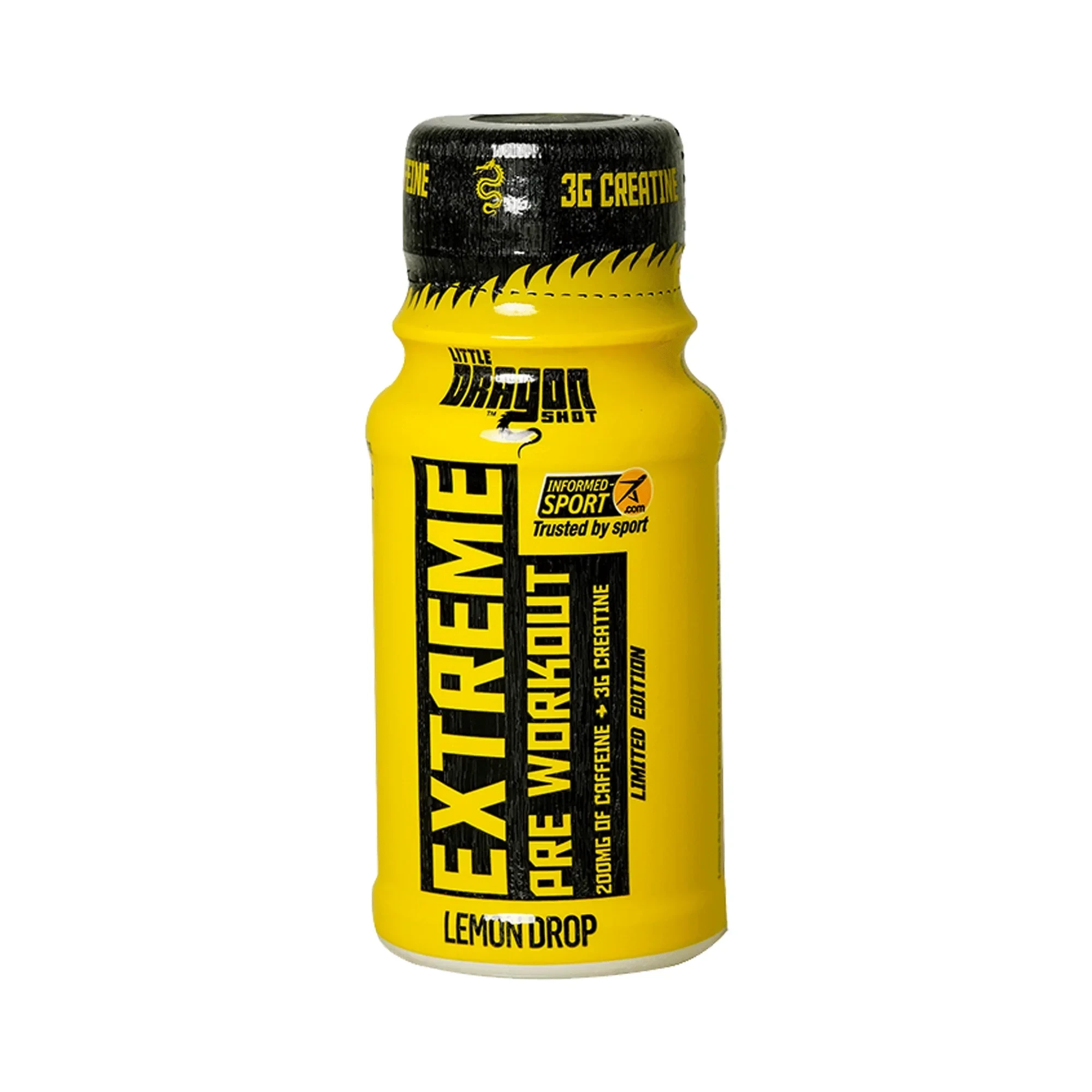 Little Dragon Extreme Pre Workout Shot Lemon Drop is a 60ml ready-to-drink supplement with 200mg caffeine, amino acids, and B vitamins in a bright yellow bottle.