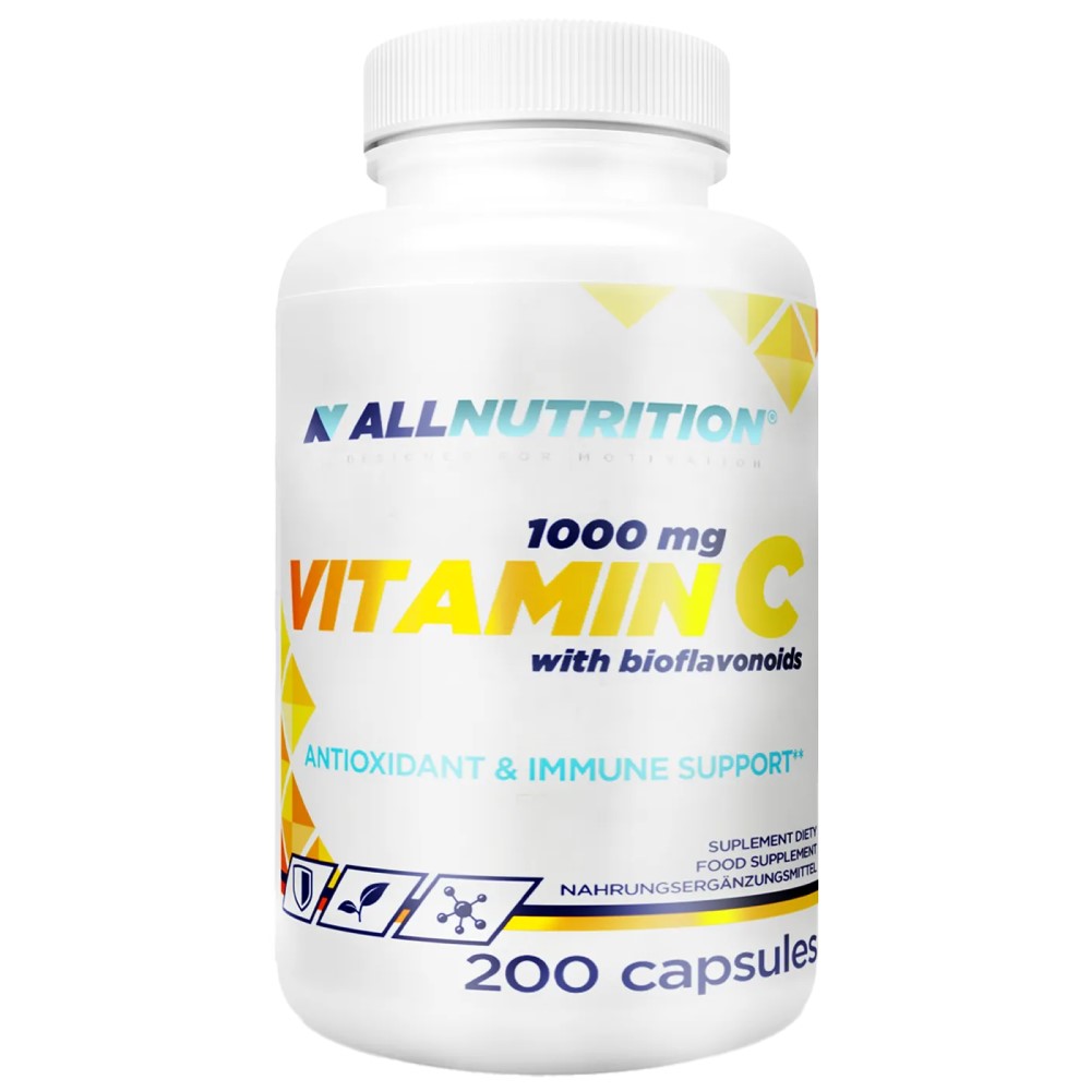Allnutrition Vitamin C 1000 mg with Bioflavonoids, antioxidant and immune support supplement, 200 capsules, white bottle with yellow and blue accents.
