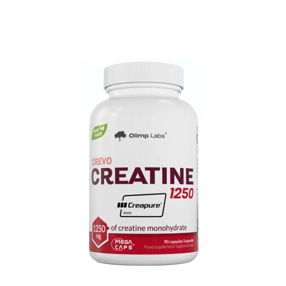 Olimp Crevo Creatine 1250, a 90-capsule creatine monohydrate supplement in a white bottle with red label accents.