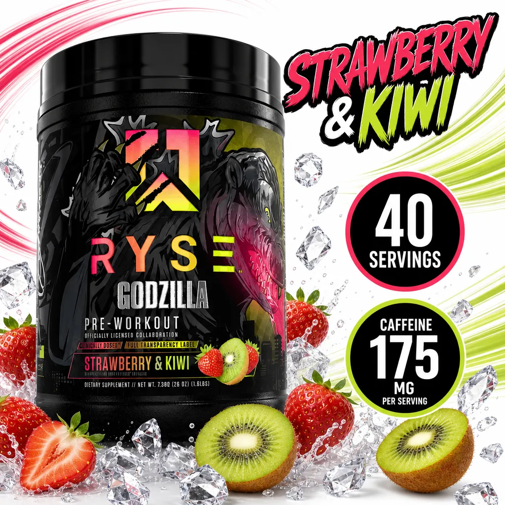 RYSE Godzilla Pre-Workout supplement, Strawberry & Kiwi flavour, 40 servings, black tub with 175 mg caffeine per serving