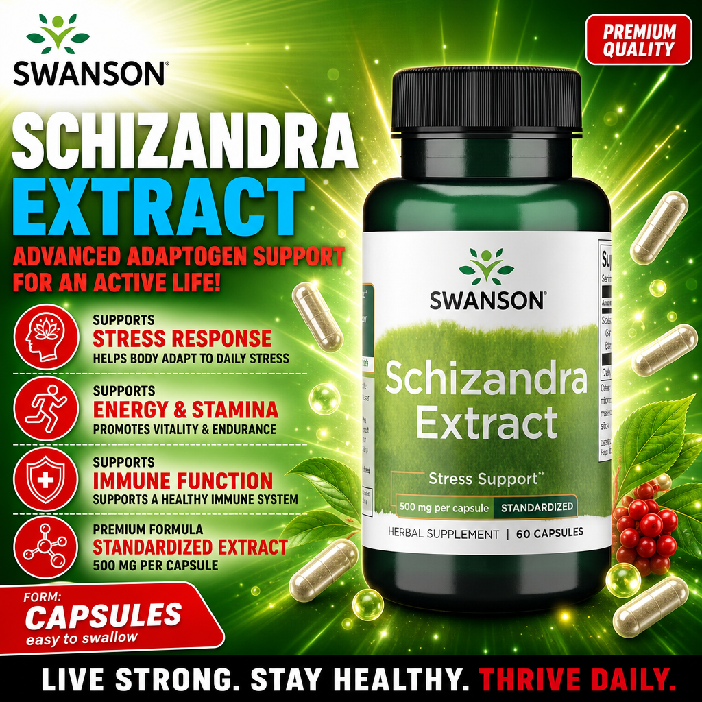 Swanson Schizandra Extract 500mg 60 Caps bottle, white plastic container with green label and Swanson branding