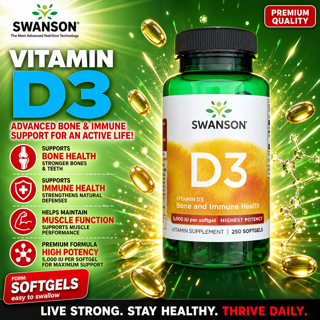 Swanson D3 5000 IU 250 softgels vitamin supplement for bone and immune health, high potency, in a green bottle with yellow label and softgel capsules depicted.