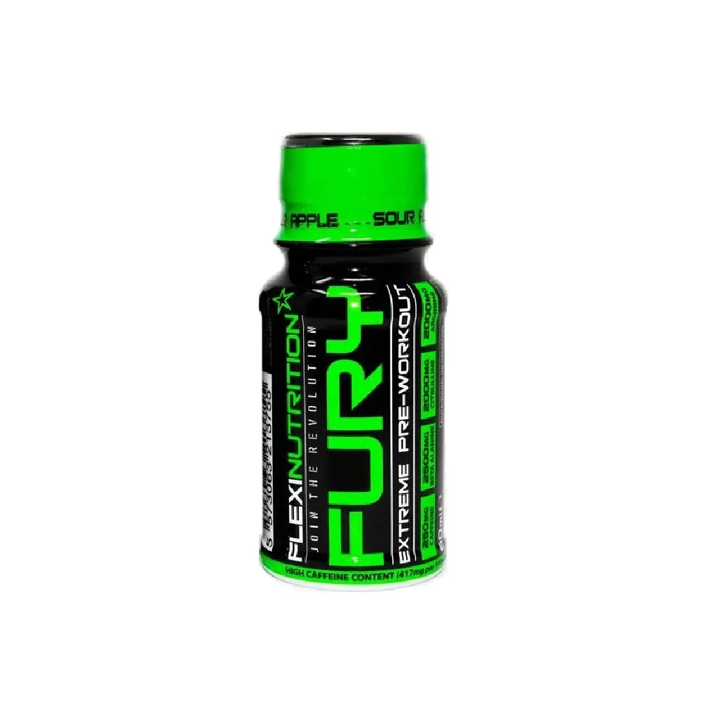 Flexi Nutrition Fury Pre-Workout Shot Sour Apple 60ml features a high-caffeine, ready-to-drink formula for energy, focus, and endurance in a compact green and black bottle.