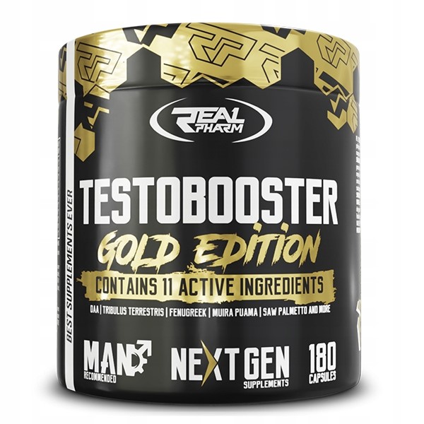 Real Pharm Testobooster Gold Edition testosterone booster supplement, 180 capsules, black and gold packaging, contains 11 active ingredients for men.