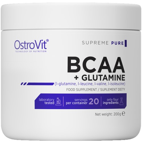 OstroVit BCAA + Glutamine 200g unflavoured amino acid supplement with laboratory tested formula, 20 servings per container, in a white tub.