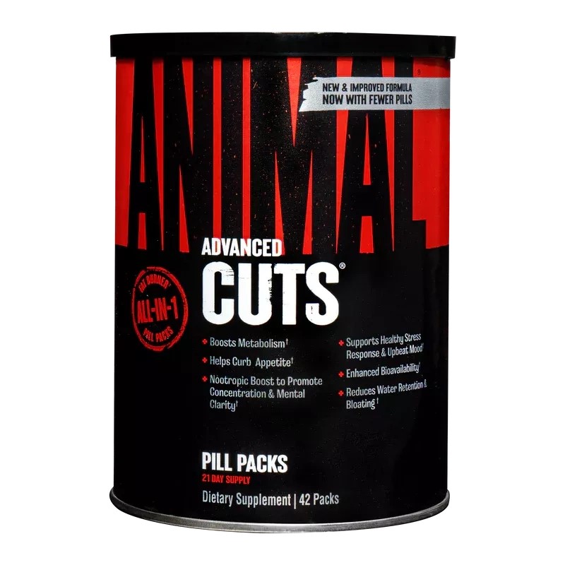 Animal Advanced Cuts pill packs dietary supplement, 42 packs, designed to boost metabolism, curb appetite, and support healthy stress response. Black and red container.