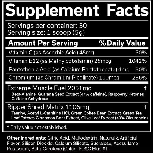JNX Sports The Ripper! 30 Servings dietary supplement with vitamin C, B12, chromium, and proprietary blends for muscle fuel and shredding, as shown in the supplement facts panel.