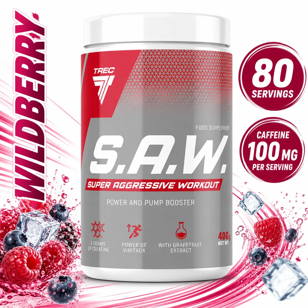 Trec Nutrition SAW 400g pre-workout powder with grapefruit flavour, 80 servings, and 100 mg caffeine per serving
