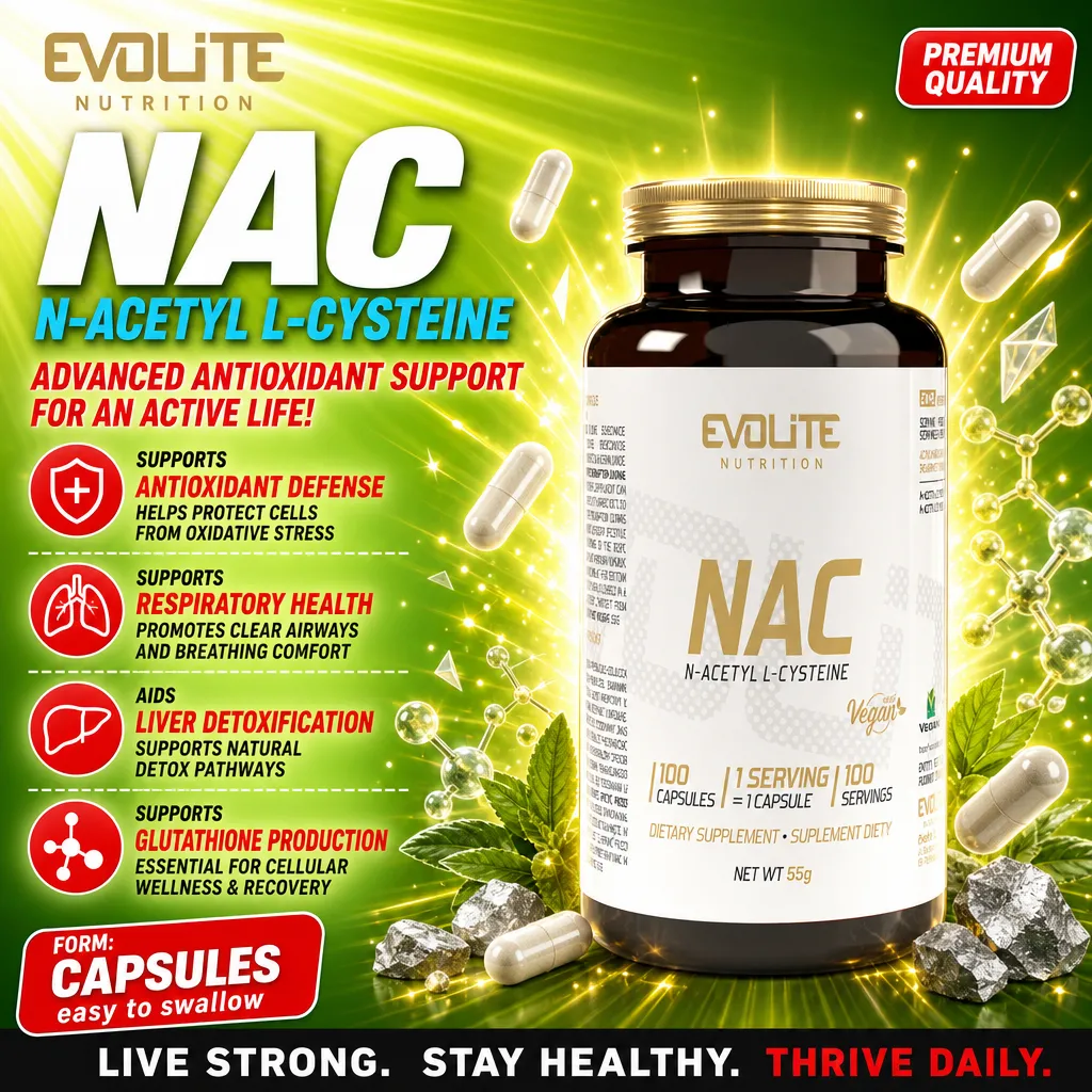 Evolite NAC N-Acetyl L-Cysteine vegan dietary supplement, 100 capsules, antioxidant support for respiratory health and liver detoxification, in a brown bottle with gold lid, green background.