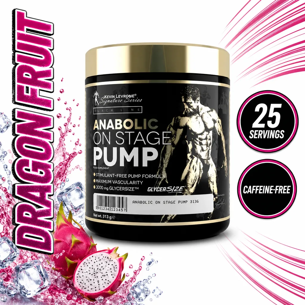 Kevin Levrone Anabolic On Stage Pump 313g stimulant-free pre-workout powder supplement with 25 servings and caffeine-free formula