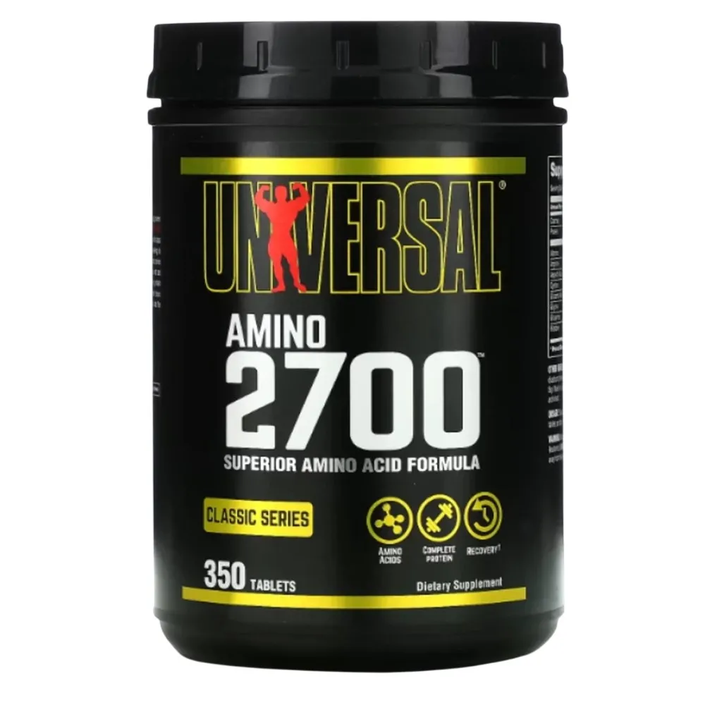 Universal Amino 2700 350 tablets superior amino acid formula dietary supplement in a black container with yellow and white text, classic series.