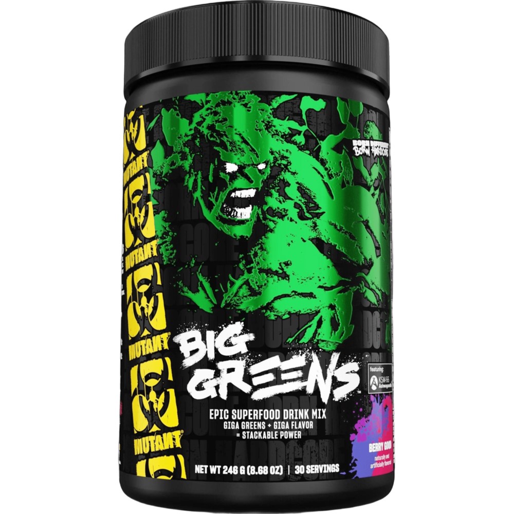 Mutant Big Greens Epic Superfood Drink Mix, a superfood powder supplement with 30 servings per container, featuring a bold green and black label with a graphic green character.