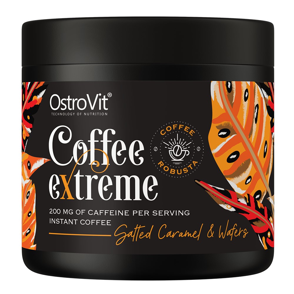 OstroVit Coffee Extreme Salted Caramel & Wafers instant coffee with 200mg caffeine per serving, featuring robusta coffee and a black container with orange leaf design.