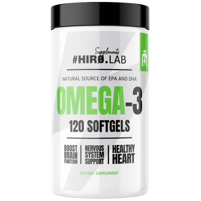 Close-up of Hiro Lab Omega 3 softgel capsules, oval-shaped and translucent golden yellow in color.