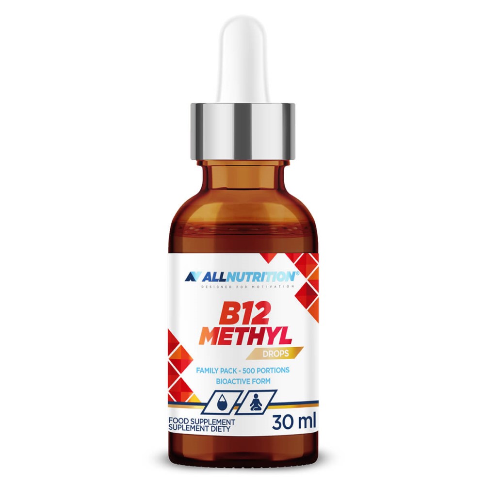 Allnutrition B12 Methyl Drops 30ml vitamin B12 food supplement in liquid drop form, bioactive form, family pack with 500 portions, in an amber bottle with a dropper.