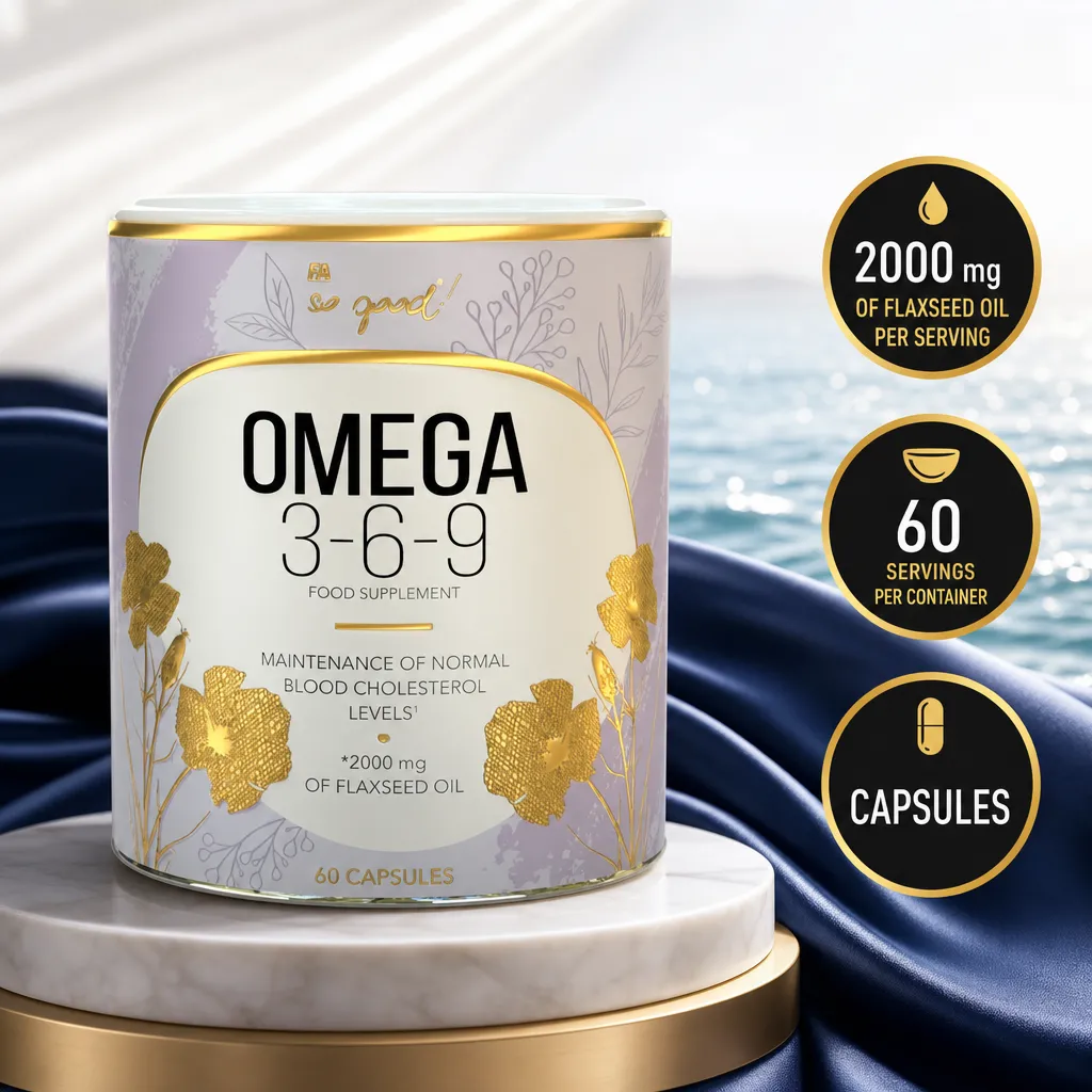 FA So Good! Omega 3-6-9 food supplement with 2000 mg flaxseed oil per serving, 60 capsules in a lavender and gold container