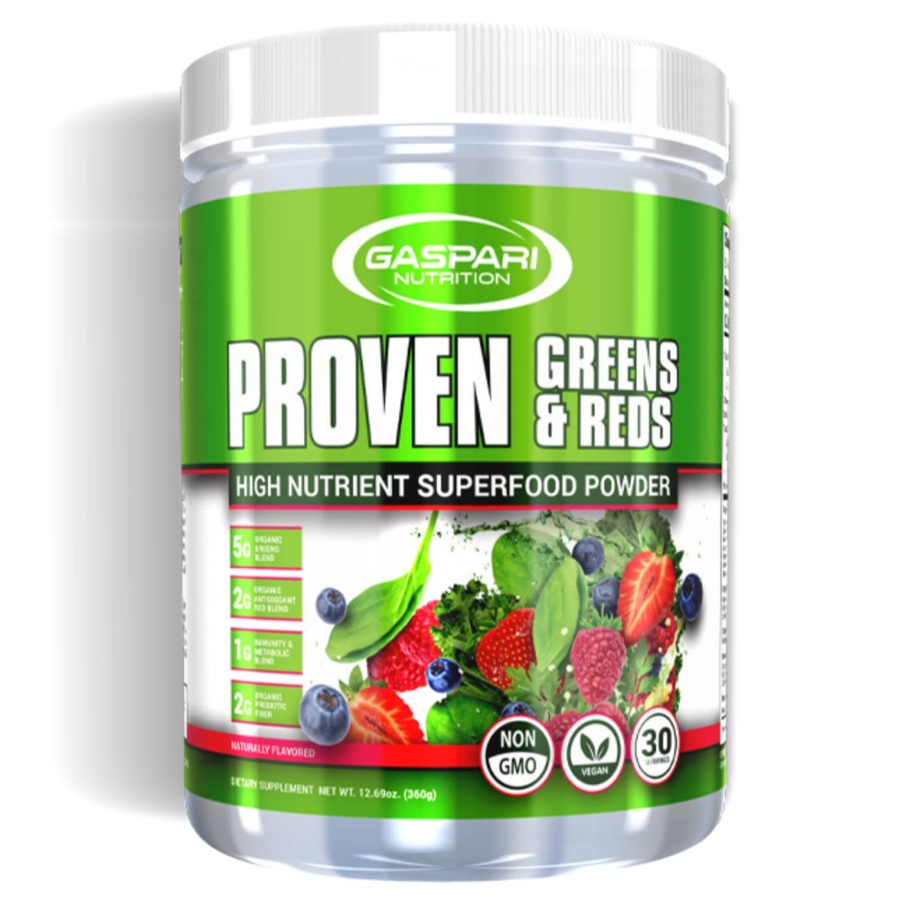Gaspari Nutrition Proven Greens & Reds high nutrient superfood powder, 360g, unflavoured, vegan and non-GMO supplement with greens and reds blend.