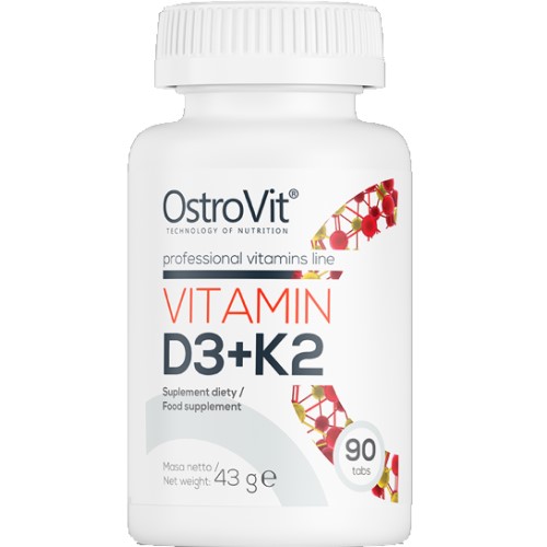 OstroVit Vitamin D3 + K2 90 tabs dietary supplement with vitamins D3 and K2, white bottle with red and gold design, 90 tablets