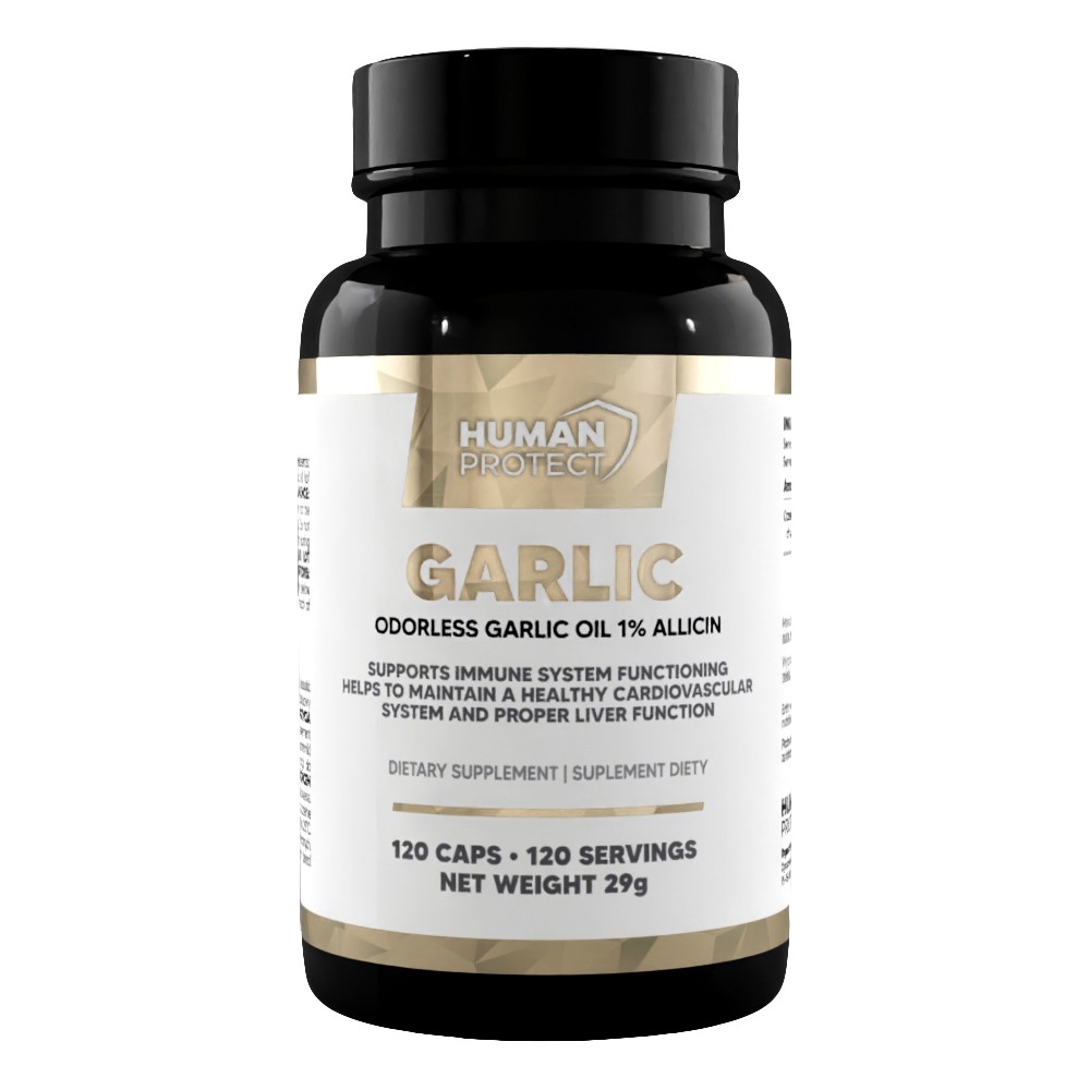 Human Protect Garlic Odorless 120 Caps dietary supplement with 1% allicin, supports immune and cardiovascular health, black and gold bottle.