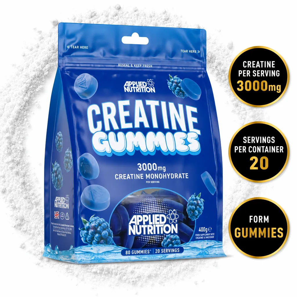 Applied Nutrition Creatine Monohydrate Gummies, blue raspberry flavour, 80 chewable gummies with 3,000mg creatine per serving