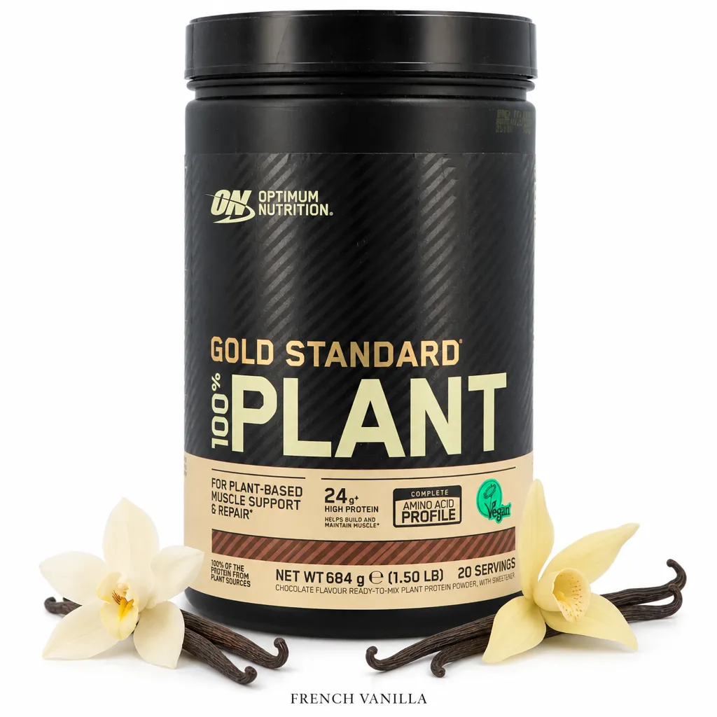 Optimum Nutrition Gold Standard 100% Plant 684g French Vanilla protein powder, vegan-friendly, with 24g plant-based protein per serving, in a black container.