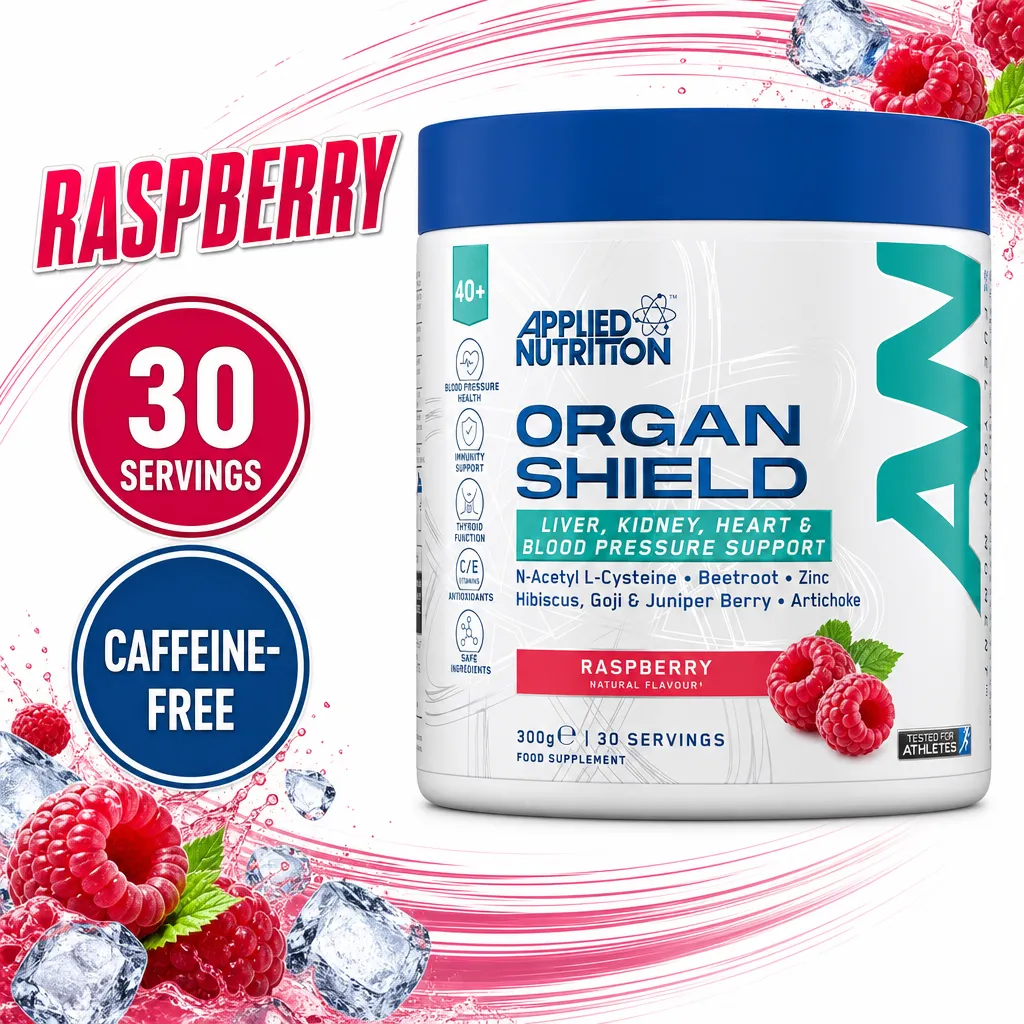 Applied Nutrition Organ Shield raspberry drink mix supplement, 30 servings, 300g tub with caffeine-free formula
