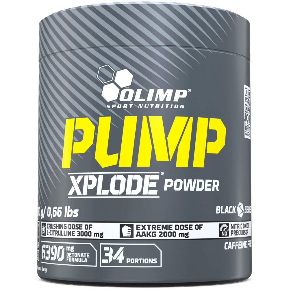 Olimp Pump Xplode Powder 300g by Olimp Nutrition, a pre-workout supplement in a black plastic tub with product labeling.
