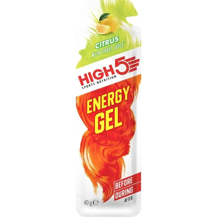 High5 Energy Gel 40g citrus flavour sports nutrition gel with fruit juice, designed for energy boost before or during exercise. The packaging is predominantly white with orange and green accents.