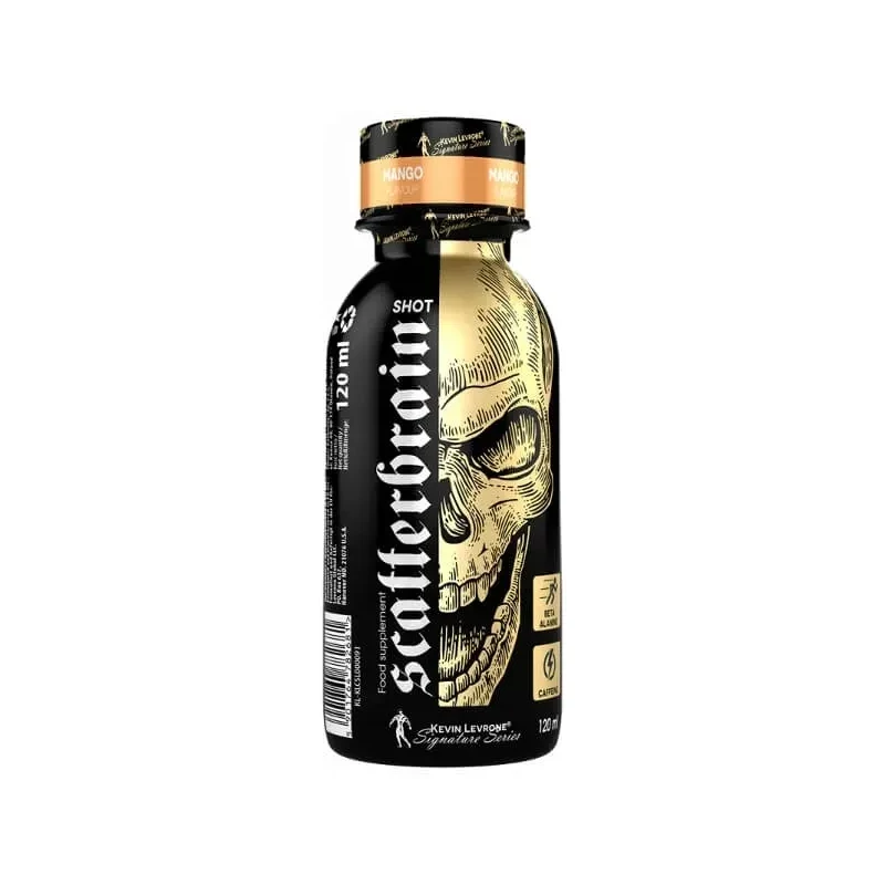 Kevin Levrone ScatterBrain Shot Mango 120ml pre-workout supplement, featuring a black and gold bottle design with a skull graphic and orange mango flavor label.