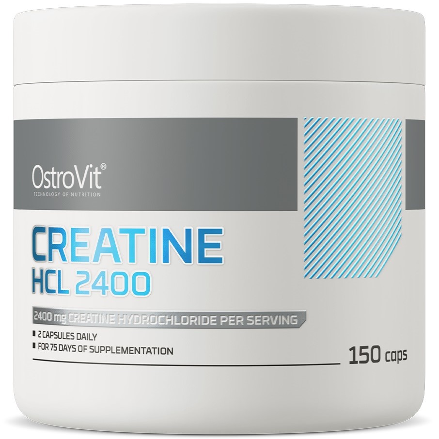 OstroVit Creatine HCL 2400 150 caps creatine hydrochloride supplement, 2400 mg per serving, in a white and grey container.
