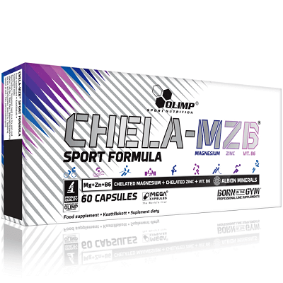 Olimp Chela-MZB Sport Formula 60 capsules, a dietary supplement with magnesium, zinc, and vitamin B6, designed for athletes and active individuals. White box with purple and blue accents.