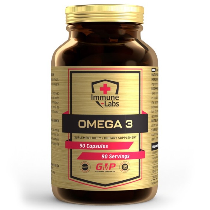 Immune Labs Omega 3 dietary supplement, 90 capsules per bottle, designed to support overall health with omega-3 fatty acids. The packaging is gold with black and red accents.