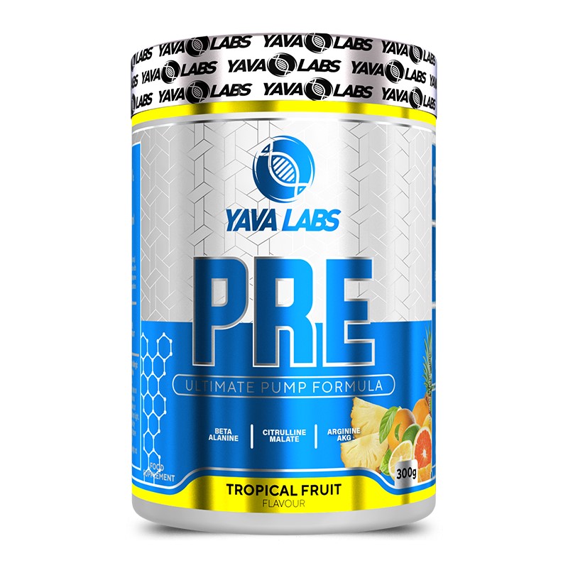 Yava Labs PRE Ultimate Pump Formula 300g tropical fruit flavour pre-workout supplement with beta alanine, citrulline malate, and arginine AKG in a blue and silver tub.