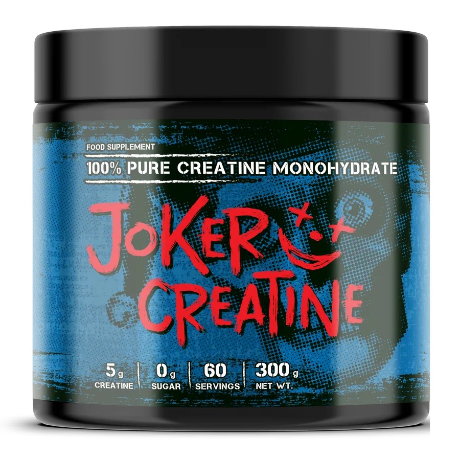 Joker Creatine 300g pure creatine monohydrate supplement with 60 servings, 5g creatine per serving, and zero sugar, in a blue and black container.