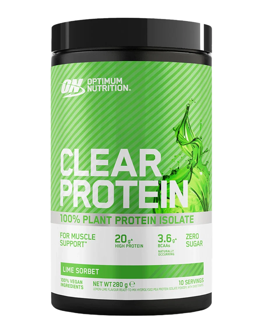 Optimum Nutrition Clear Protein 100% Plant Protein Isolate Lime Sorbet, 280g tub, vegan protein powder with 20g protein per serving and zero sugar.